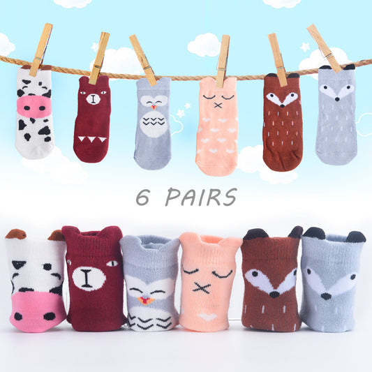 OLABB 6 Pairs Gift Set Toddler Socks Anti Slip Baby Kids Animal Crew Socks Non-Skid